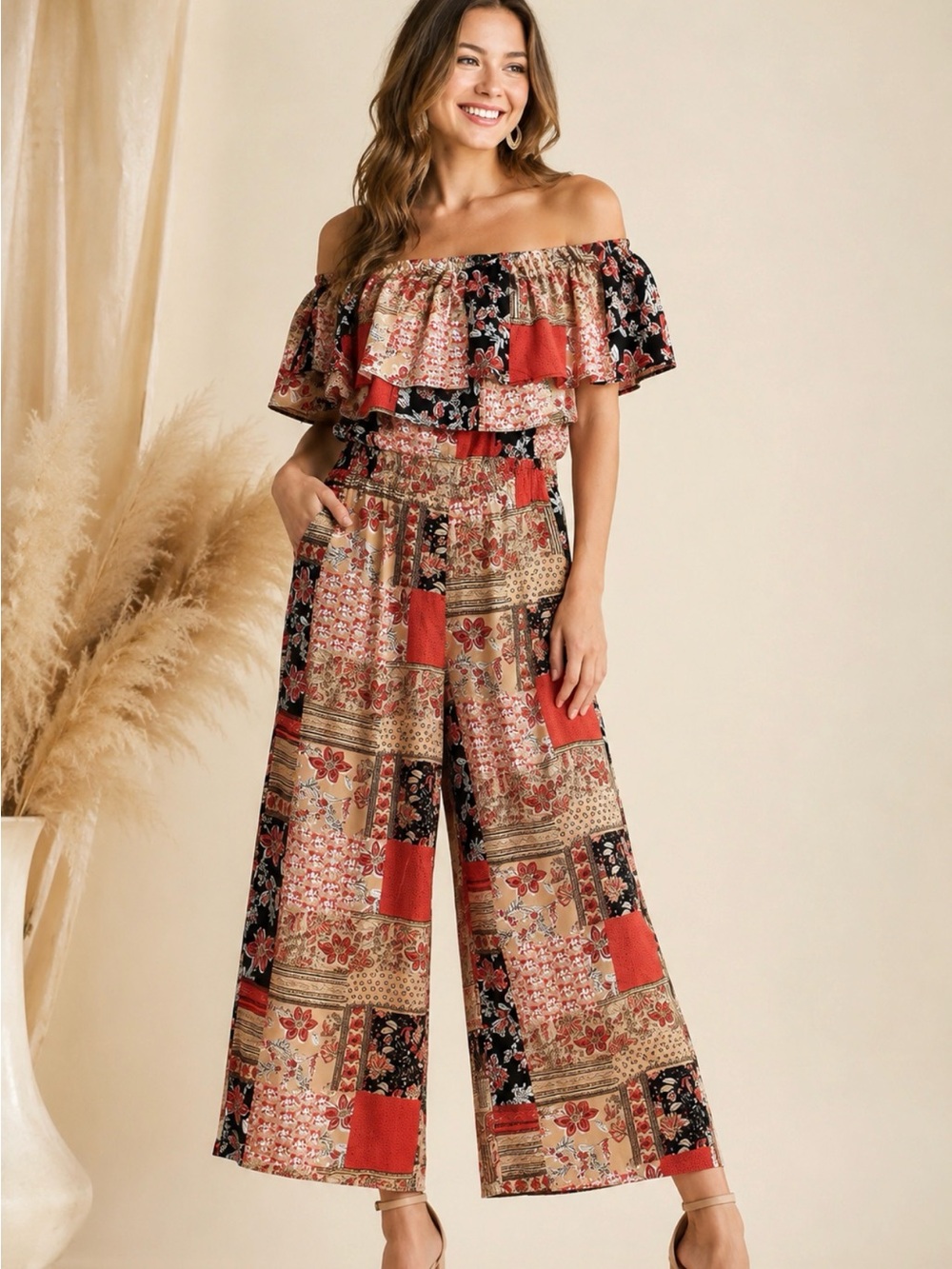 Umgee Womens Small Patchwork Floral Jumpsuit Ruffle Off Shoulder Boho NWT